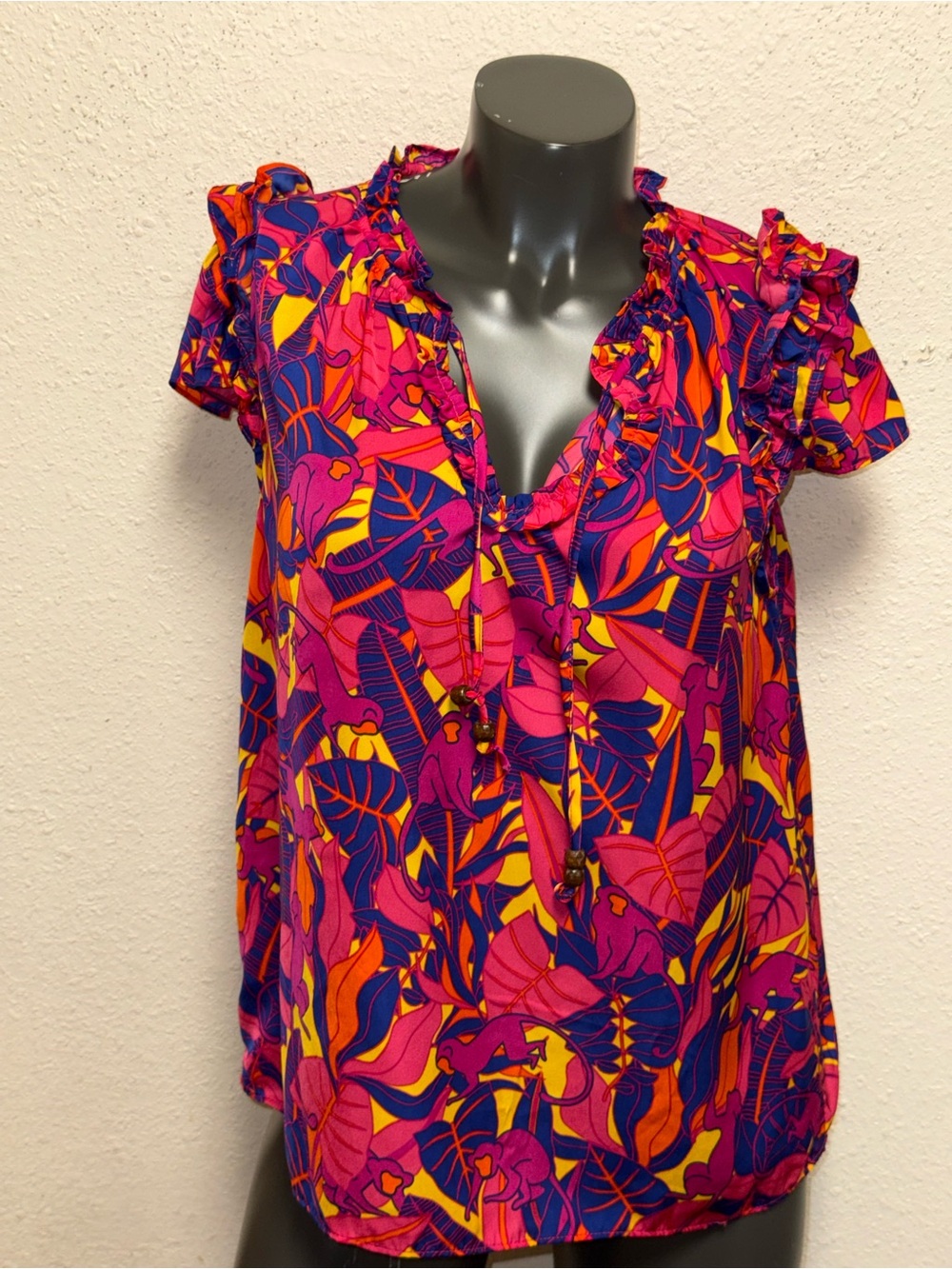 Rose & Olive Vibrant Fuchsia Pink Yellow Blue Ruffle Tie-Front Blouse